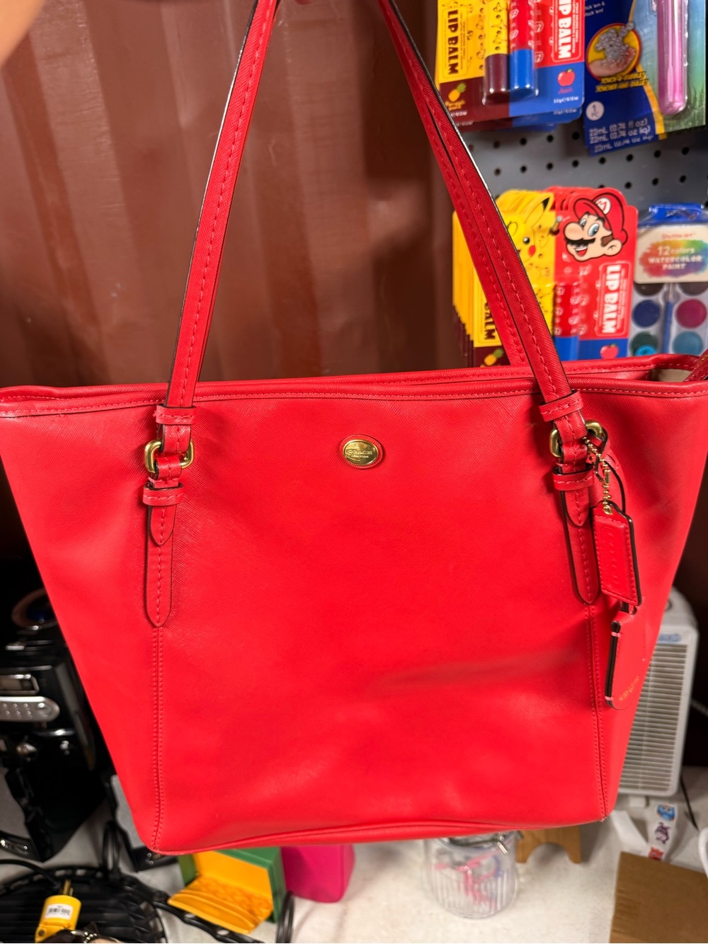 Coach Red Peyton Saffiano Leather Tote Bag with Gold Accent